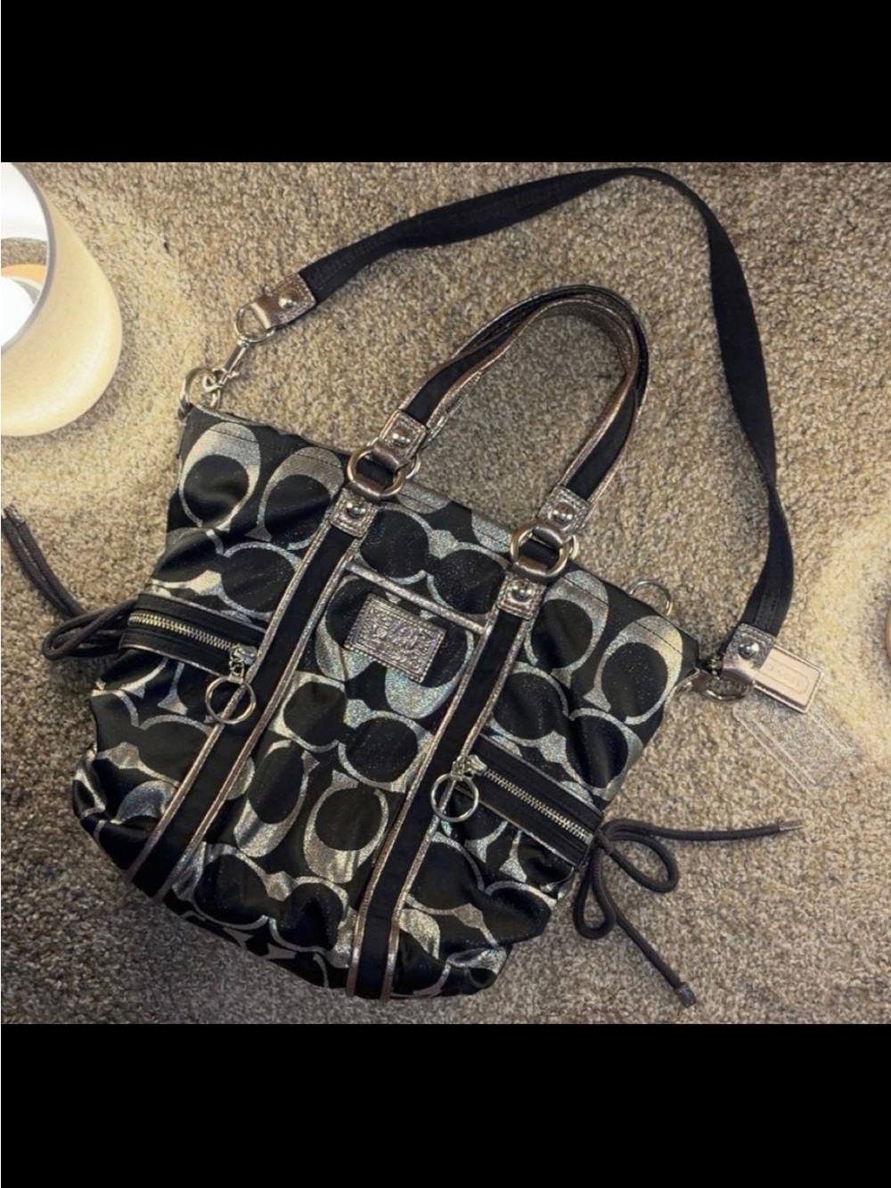 Coach Black and Silver Signature Shoulder Bag with Detailing